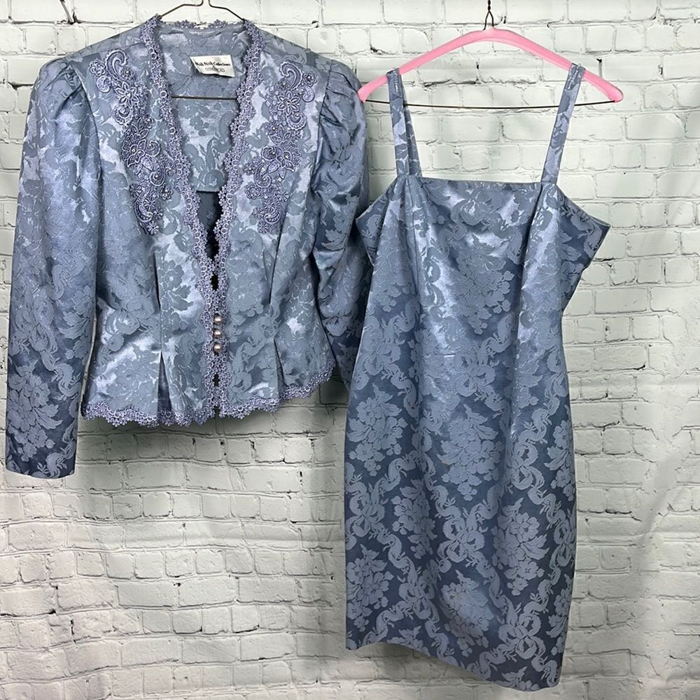 Vintage 1980s periwinkle Purple Brocade Rhinestone & Pearl Button Jacket & Dress
